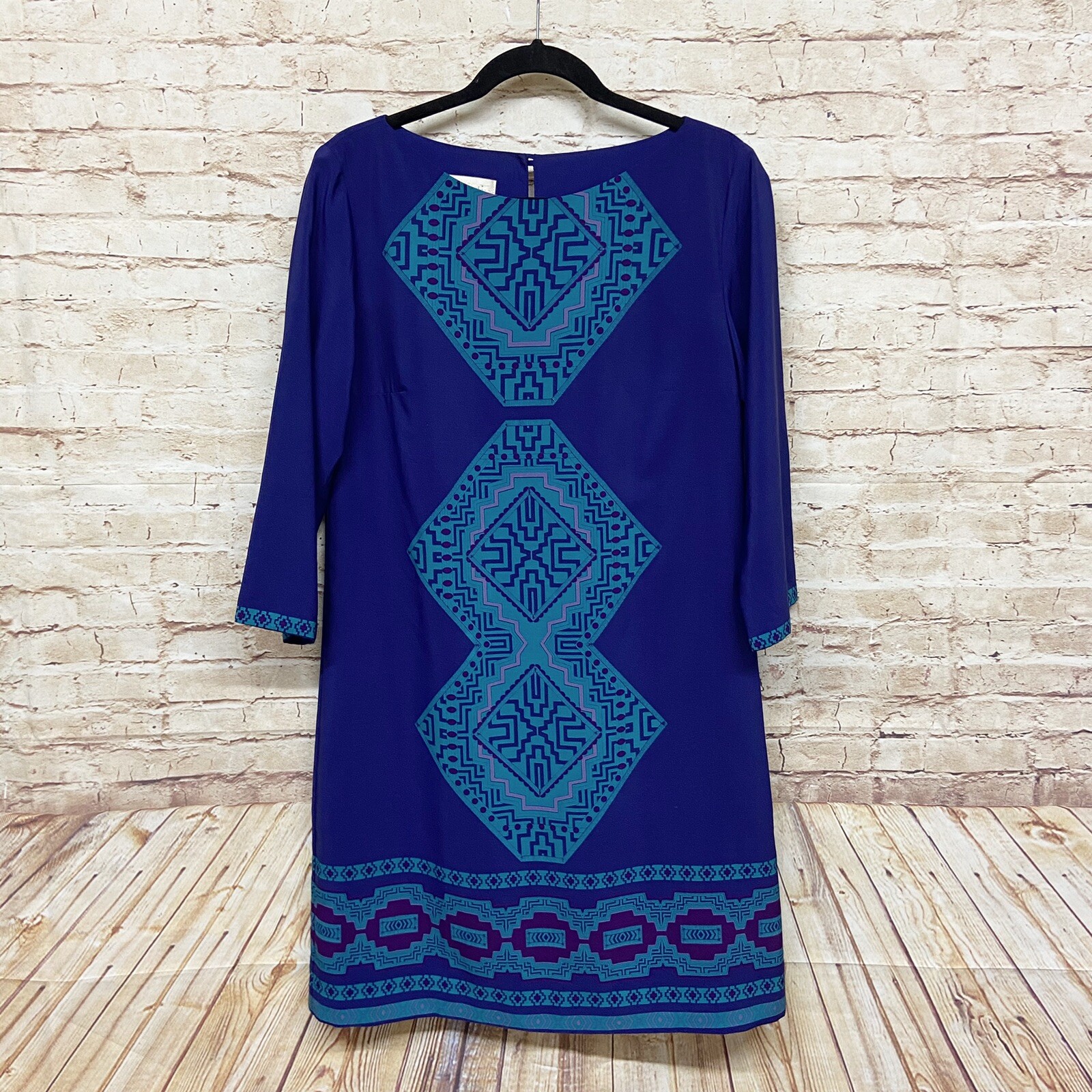 Britt Ryan Womens Shift Dress Size 8 3/4 Sleeve 100% Silk Geometric Purple