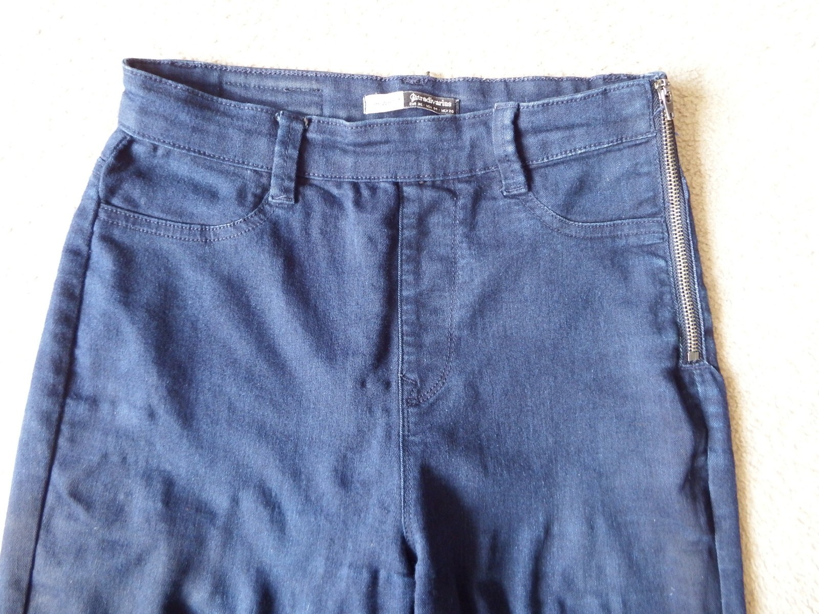Stradivarius Dark Blue High Waist Stretch Side Zip Denim Jeans Size Eur 36