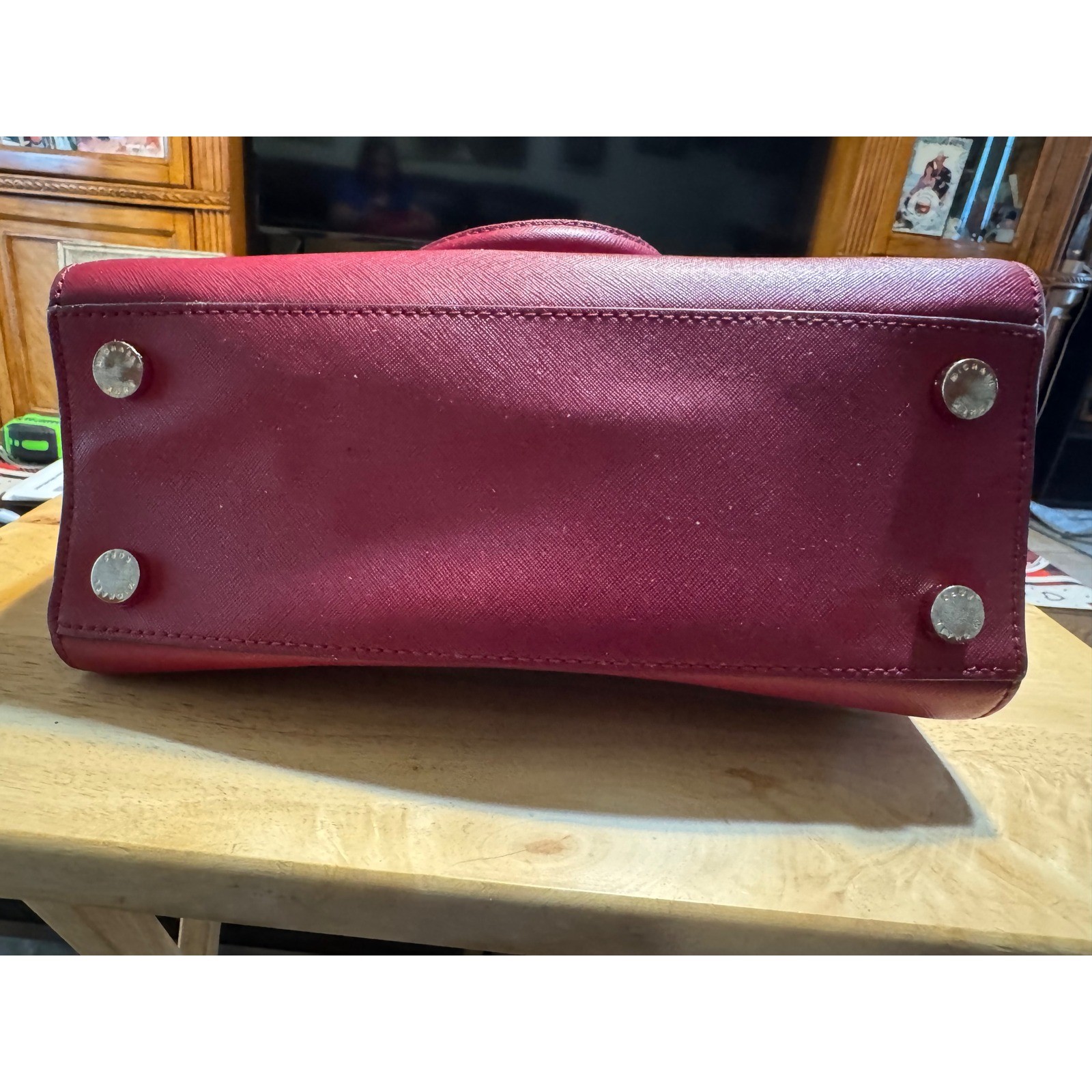 Michael Kors Savannah Saffiano Leather Satchel Burgundy Handbag Red Silver Tone
