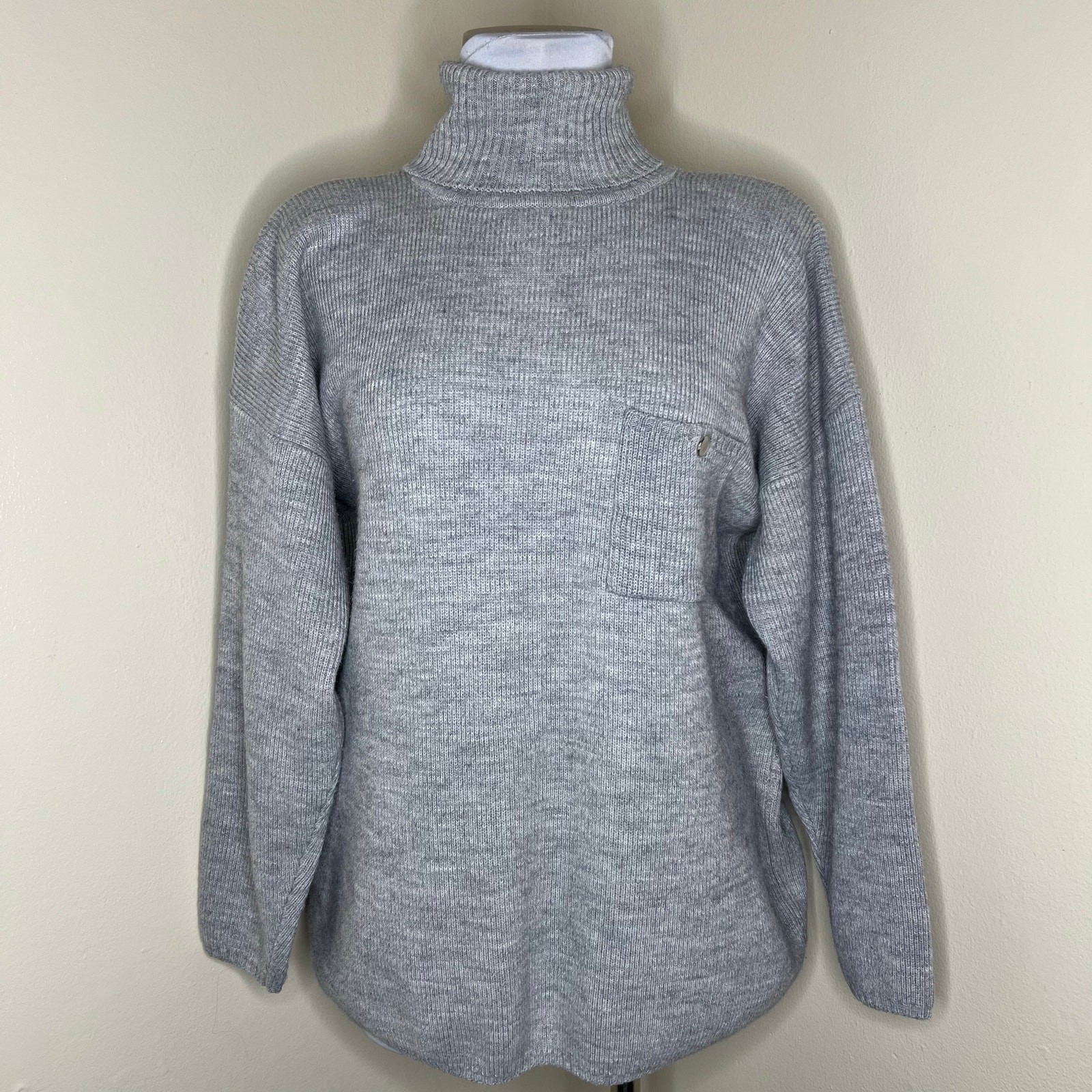 Vtg Chaus Wool Blend Sweater Medium Turtleneck Gray Drop Shoulder Knit Relaxed