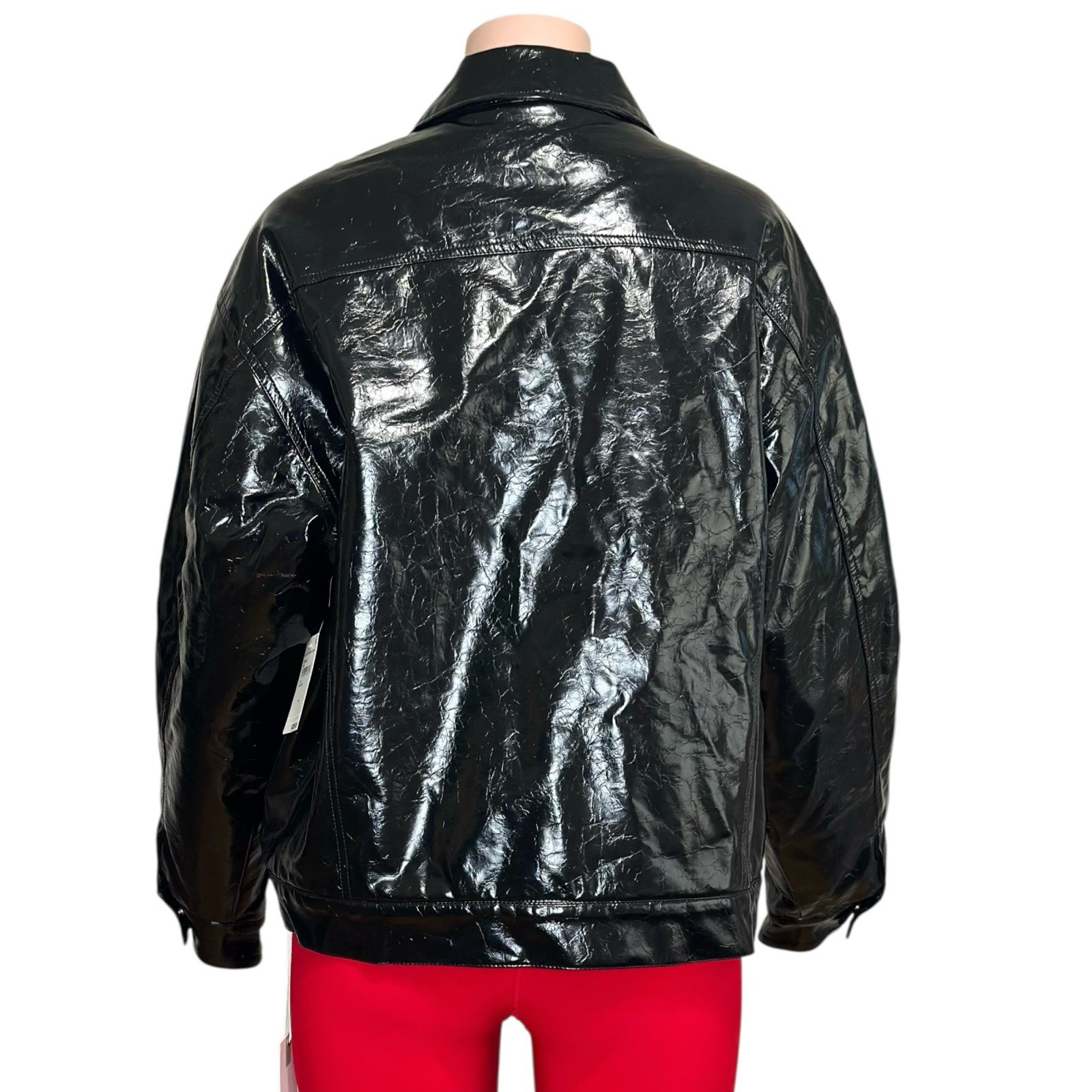 $225 NWT GOOD AMERICAN Faux Crinkle Leather Oversized Puffer Jacket, Black, L/XL