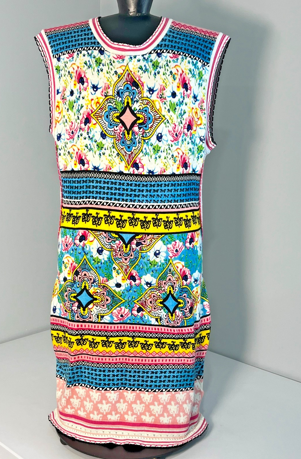 Mandala Boho Womens Floral Sleeveless Knit Bodycon Sweater Dress L Lightweight