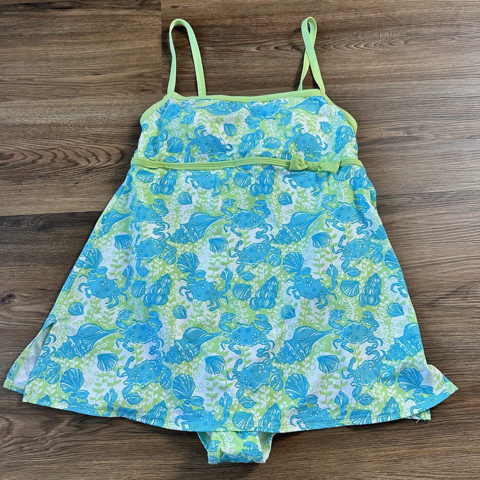 Lilly Pulitzer One Piece Swimsuit Swimdress 14 Blue Green Chillin Crab Shell NEW