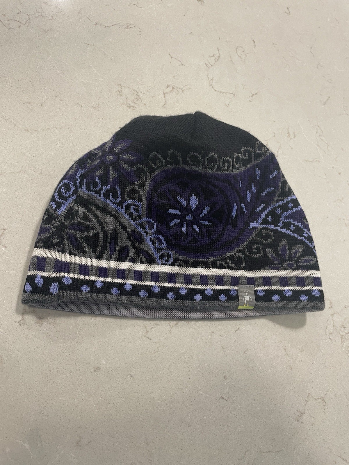 Smartwool Thermal Merino Reversible Beanie Blue Gray Geometric Pattern Wool Hat