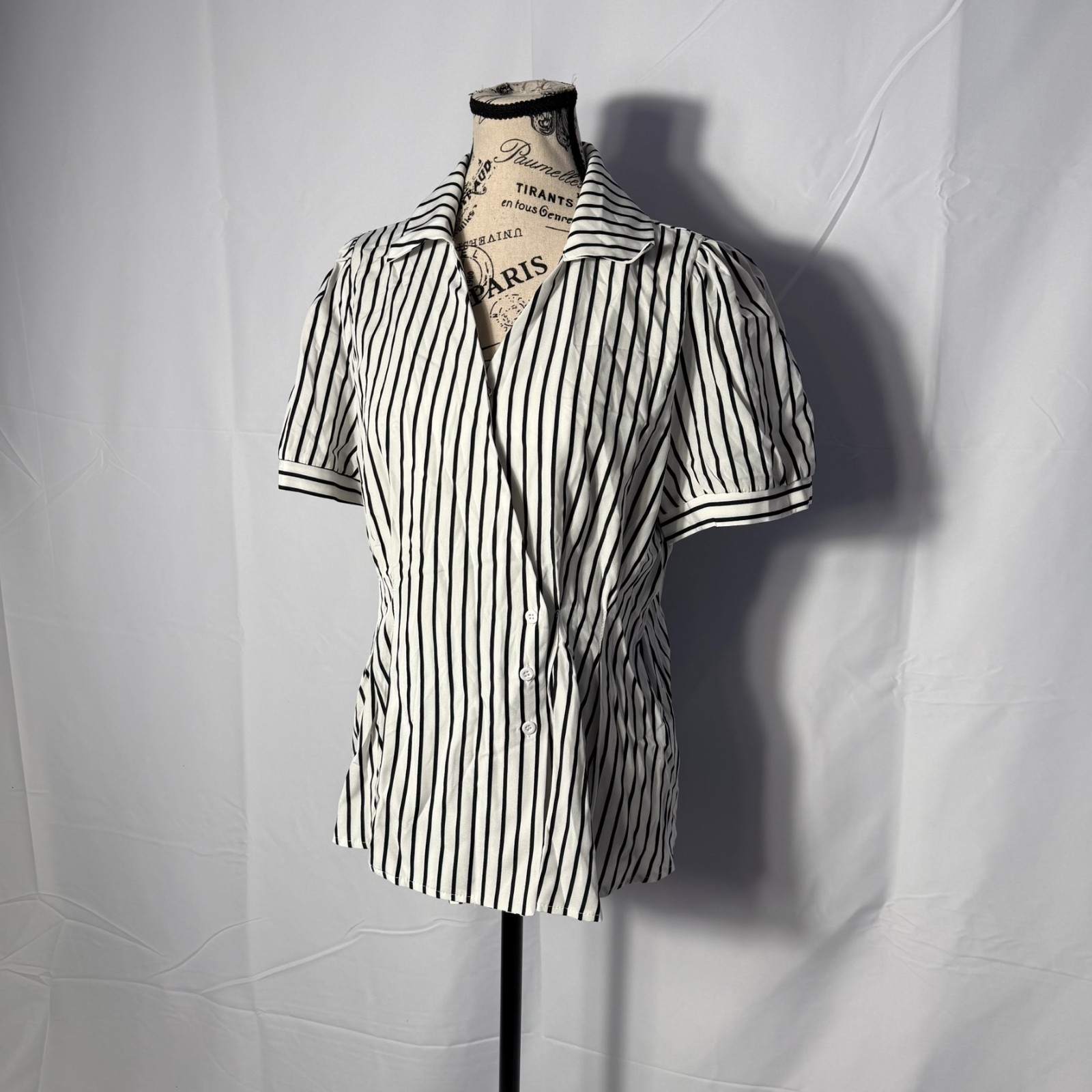 SHEIN LRG White Black Striped Blouse Asymmetrical Button Snap Collar Career Top