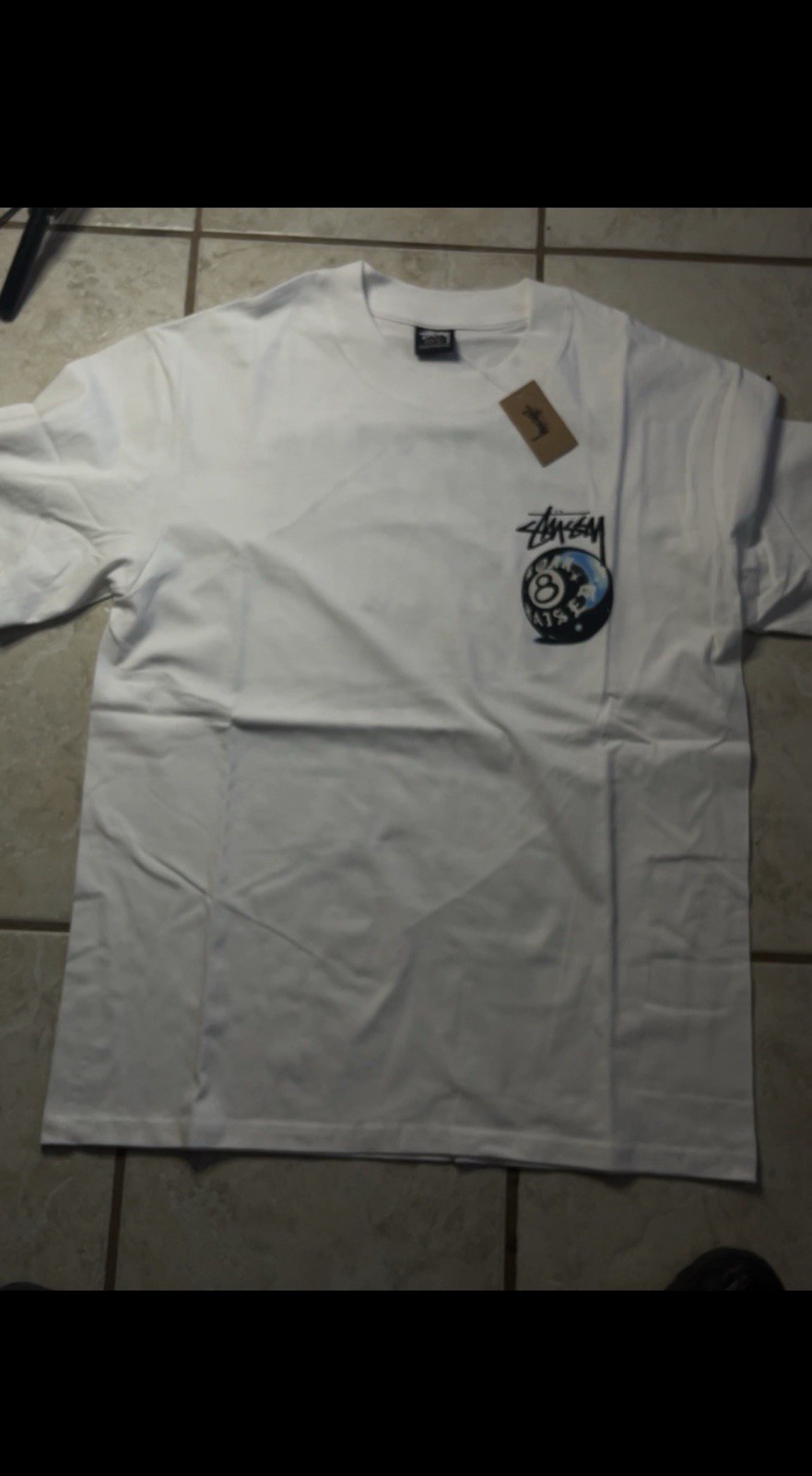 Stussy Men’s White Crew Neck Short Sleeve Graphic Logo Tee 8 Ball Back Print