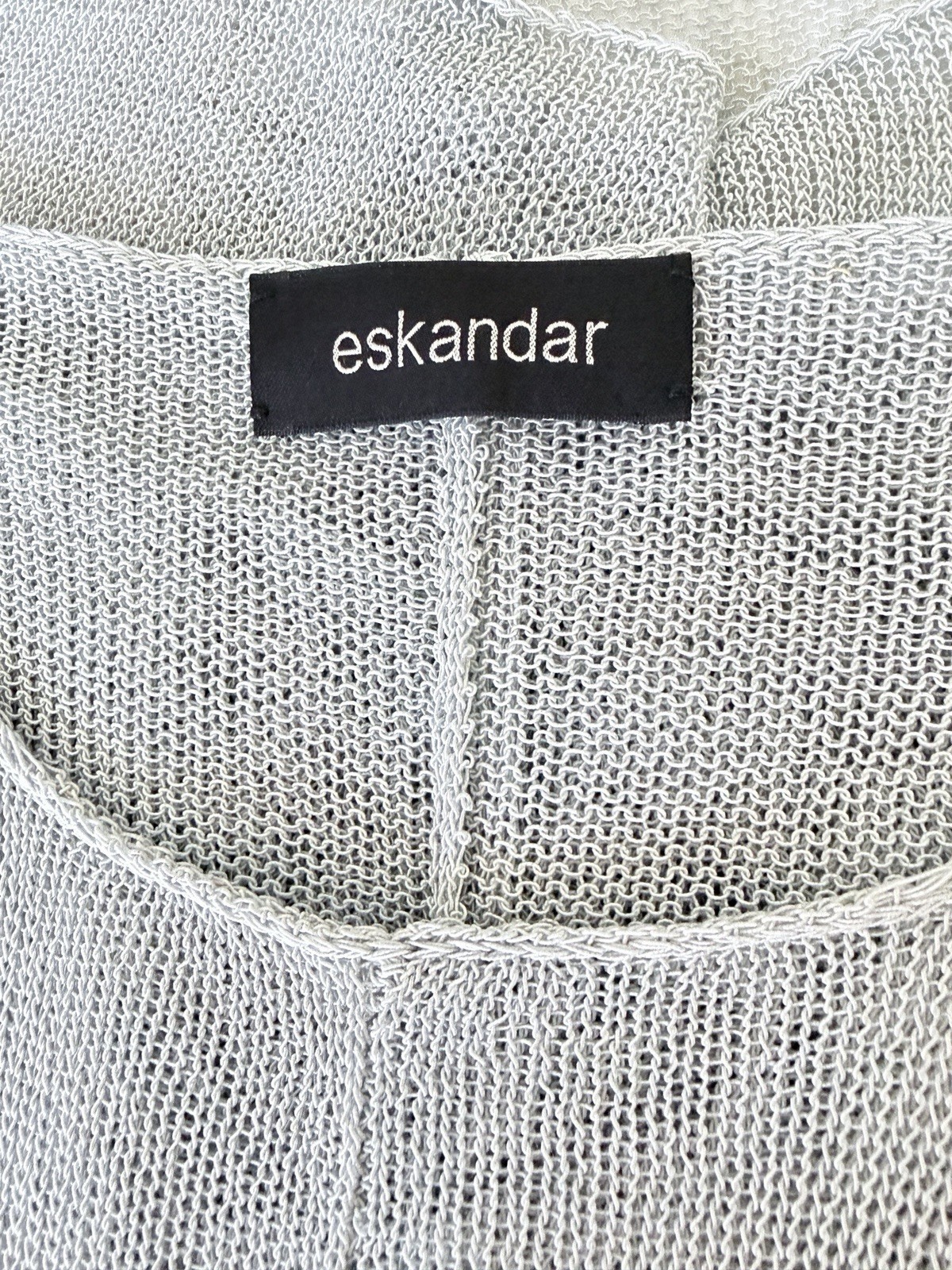 Eskandar Open Knit Sweater Pleated Shoulder Soft Sage Blue Layered Linen Blend