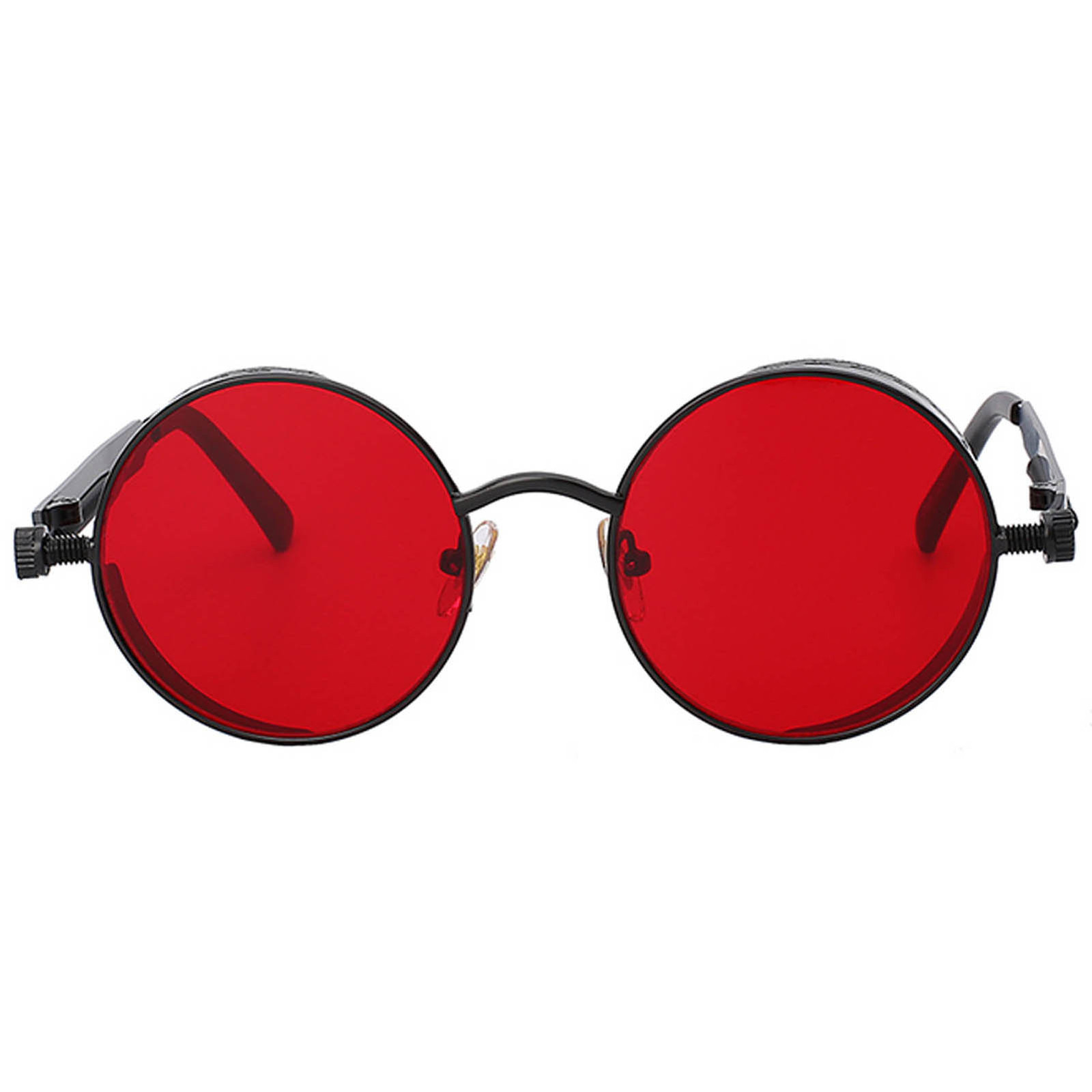 Steampunk Gothic Retro Round Circle Sunglasses Black Metal Frame Red Lens C12