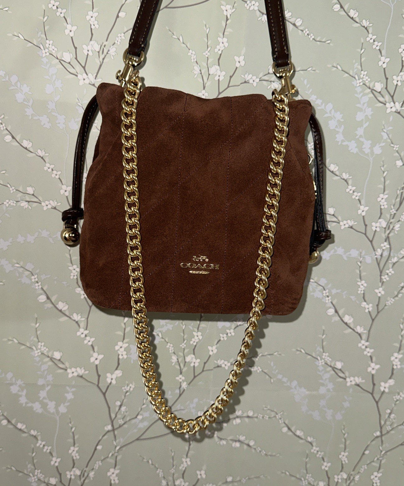 Coach Faye Mini Quilted Suede Drawstring Bag in Maple