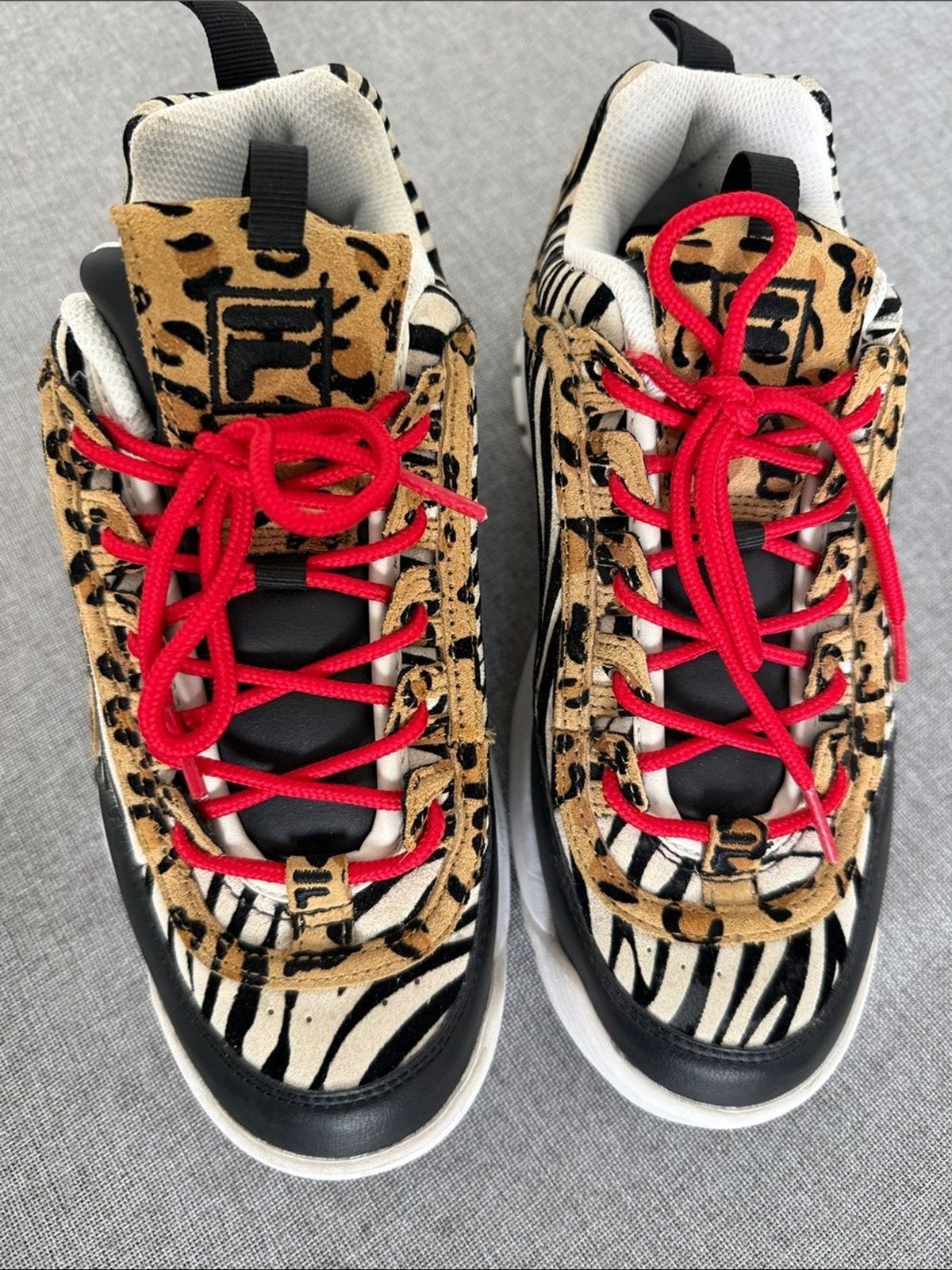 Fila disruptor ll Zebra & Leopard Mixed-Print Sneakers with Red Laces