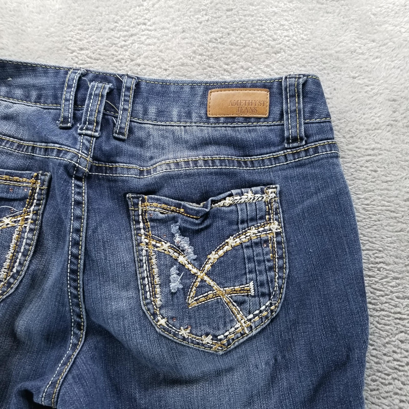 Amethyst Jeans Womens 7 Blue Bootcut Low Rise Distressed Embroidered Stretch Y2K