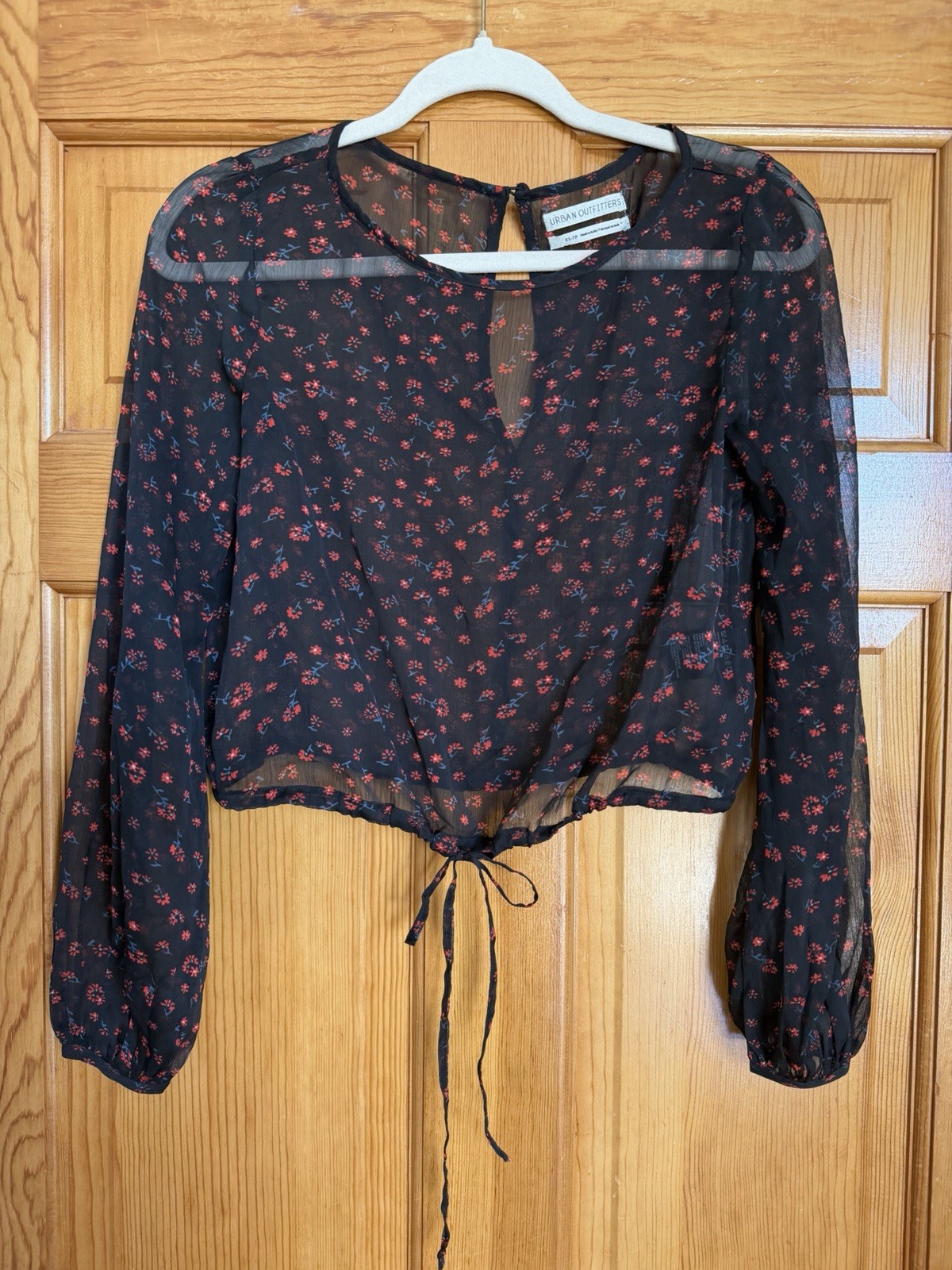 Urban Outfitters Black Floral Sheer Long Sleeve Tie Hem Blouse – XS