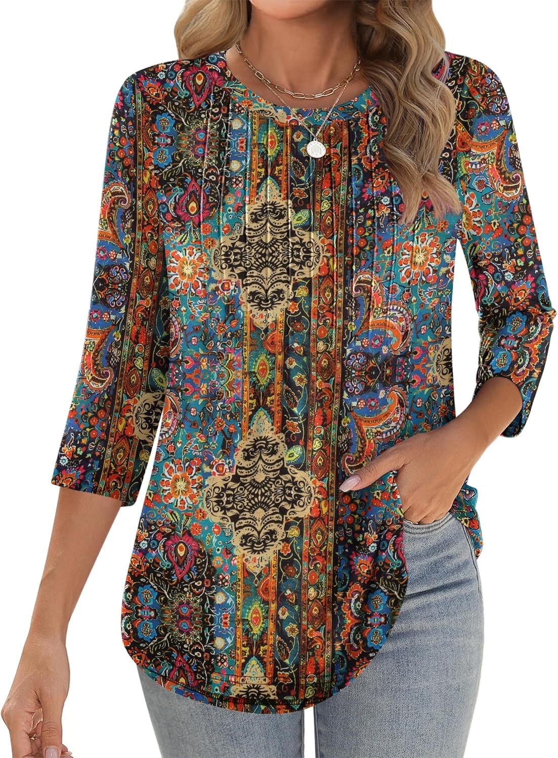 Womens 3/4 Sleeve Tunic Top Loose Fit Pleated Crew Neck Summer Casual Blouse