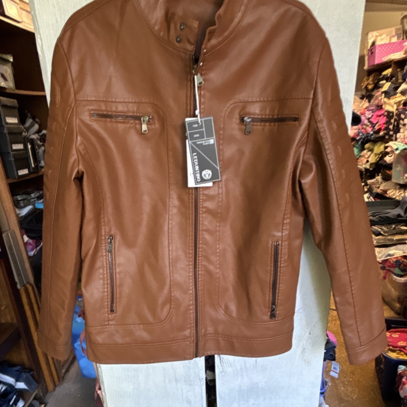 LEDUNTINO Men’s Brown Faux Leather Full Zip Biker Jacket Band Collar Lined M
