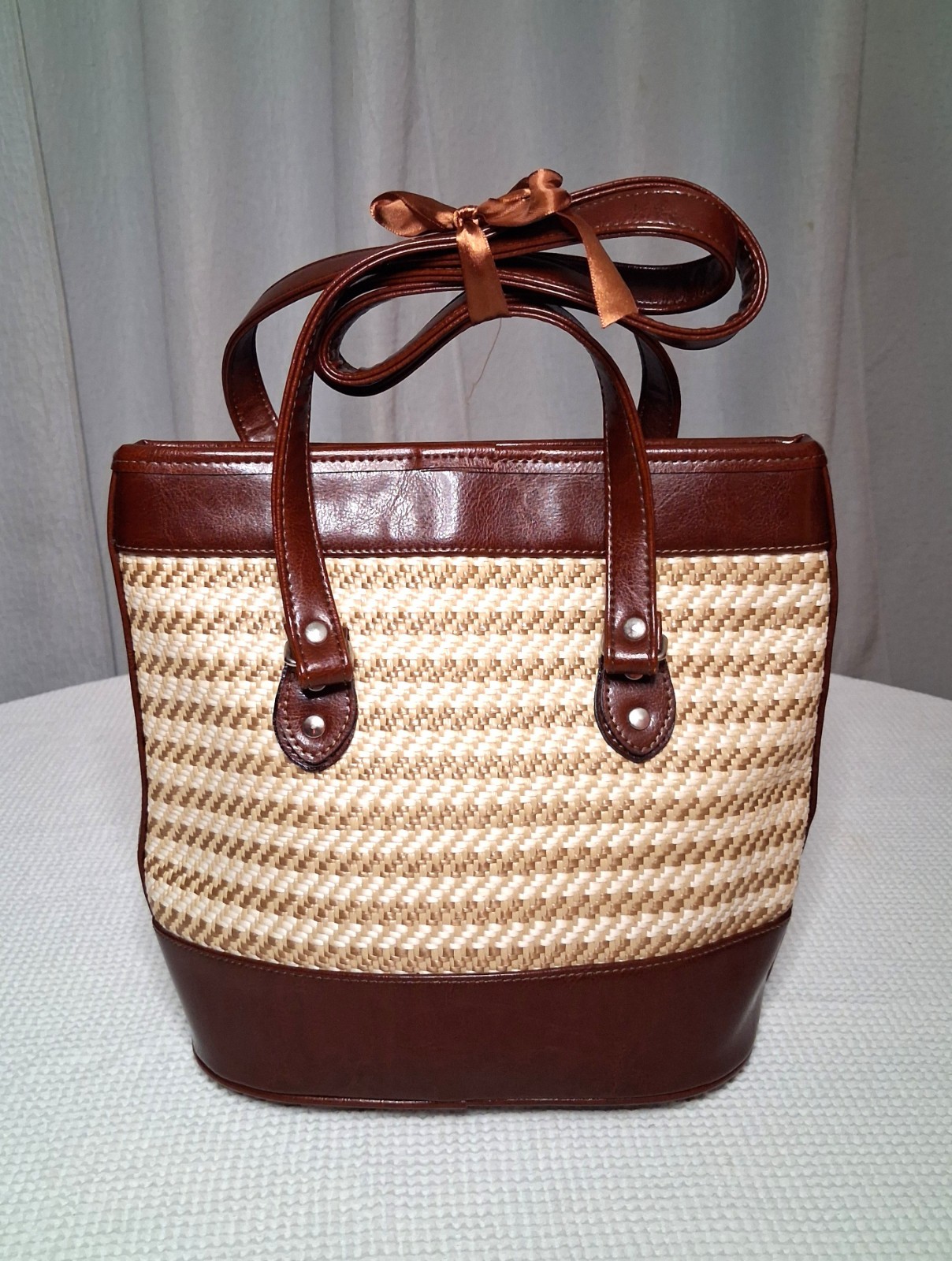 MINT Vintage Texas Leather Woven Straw Shoulder Bag 3PC Wallet Removable Insert