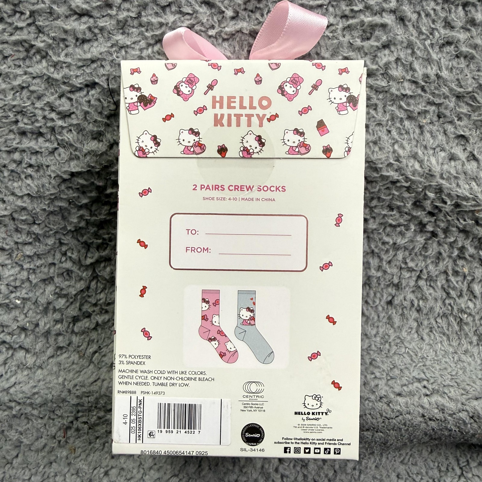 Sanrio Hello Kitty Socks Womens One Size 4-10 Pink Crew 2 Pairs Boxed Gift