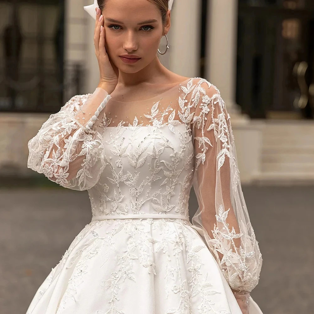 White Satin Wedding Dresses Long Lace Puff Sleeve A-Line Bridal Gown With Train
