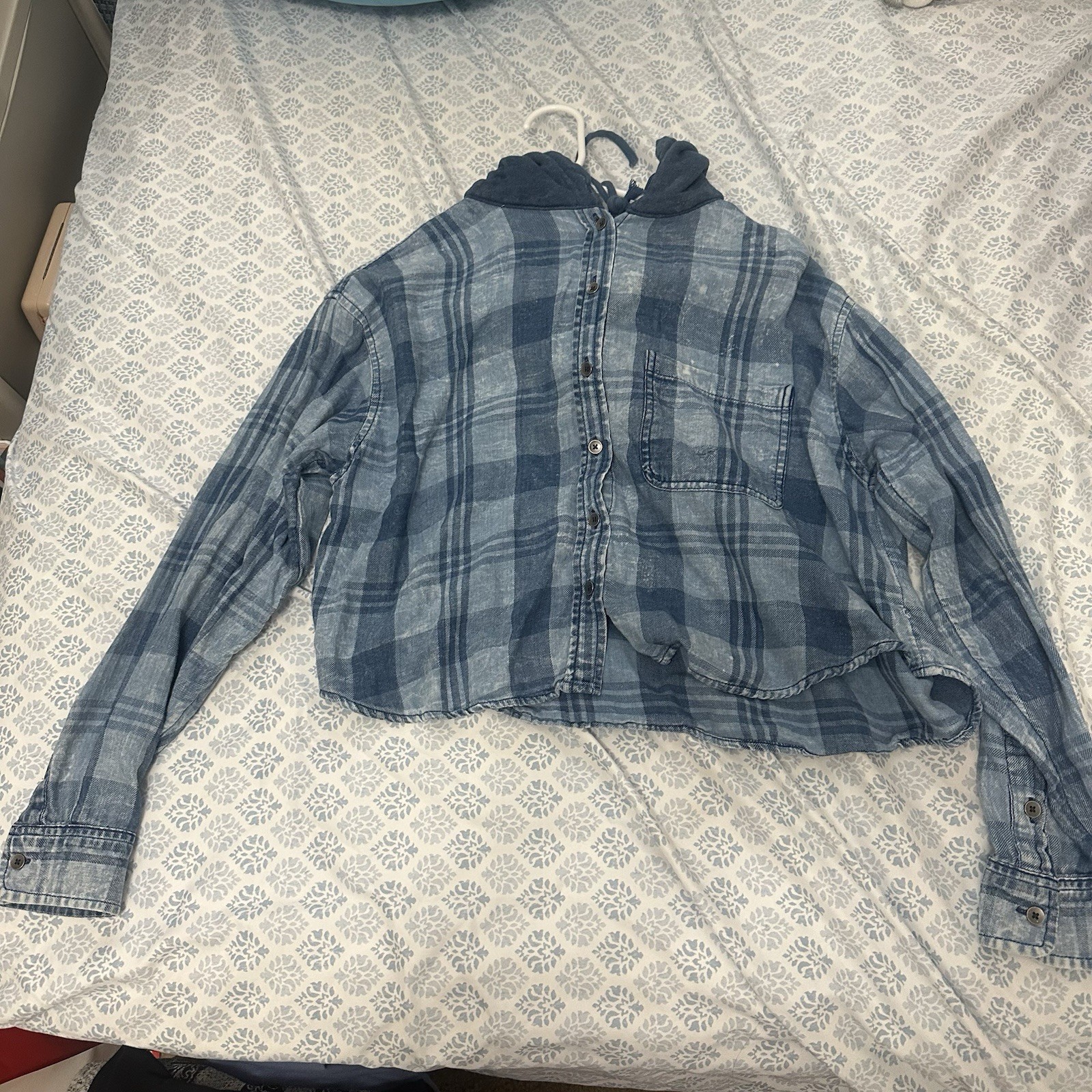 Preloved Womens Small American Eagle Ripped Cropped Plaid Hooded Blue Pockets