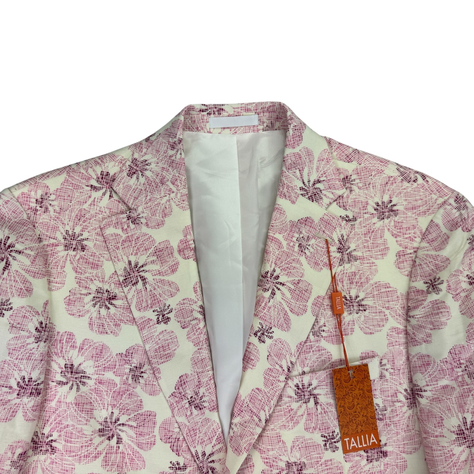 Tallia Mens Slim Fit Floral Print Linen Rayon Sport Coat White Pink 40R