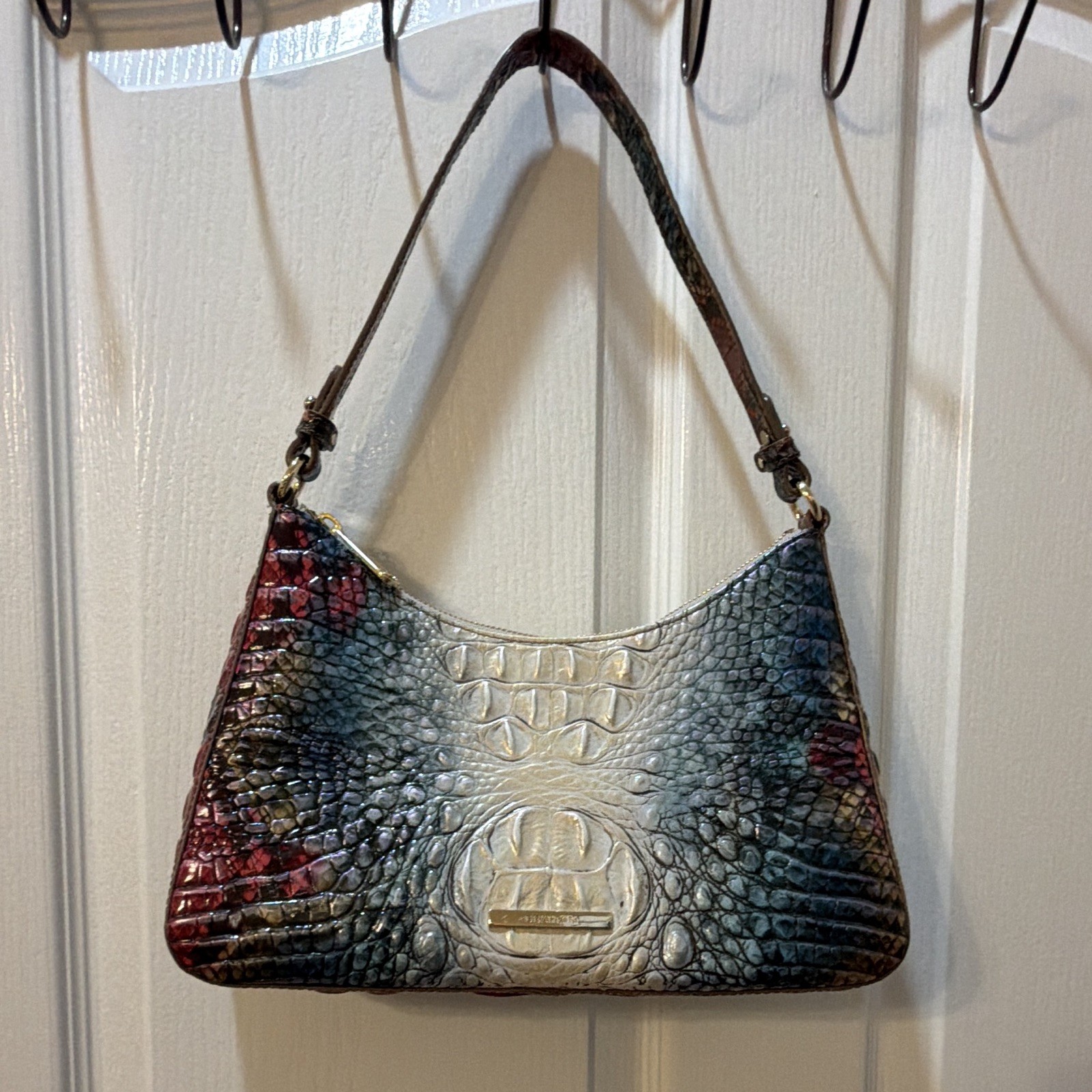 Brahmin Embossed Animal Print Multicolor Shoulder Bag Zip Top Gold Hardware