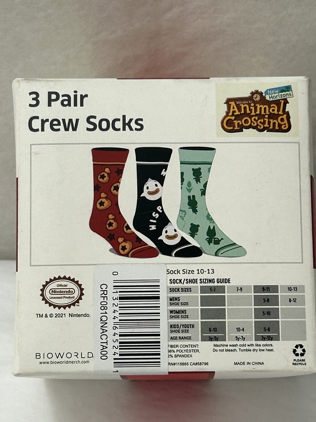 New Nintendo Animal Crossing Novelty Box Crew Socks – 3 pairs Size 10-13 (SH4)