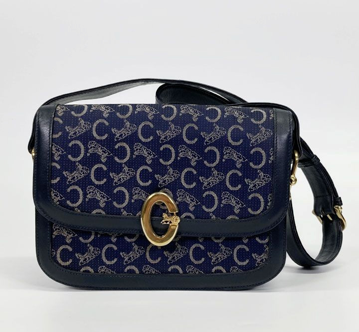 CELINE C Macadam Sulky Shoulder Bag Navy Canvas Leather Vintage Italy Authentic
