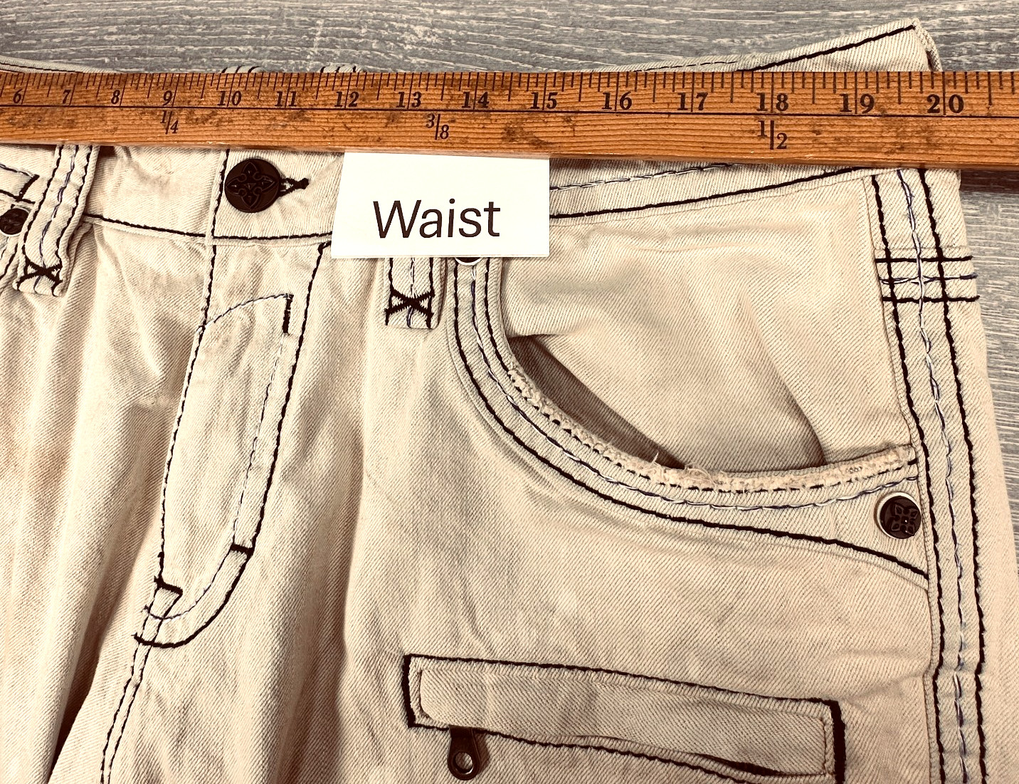 Rock Revivial Callan Biker Beige Jeans Acid Distressed Embroidery Size 38 x 33