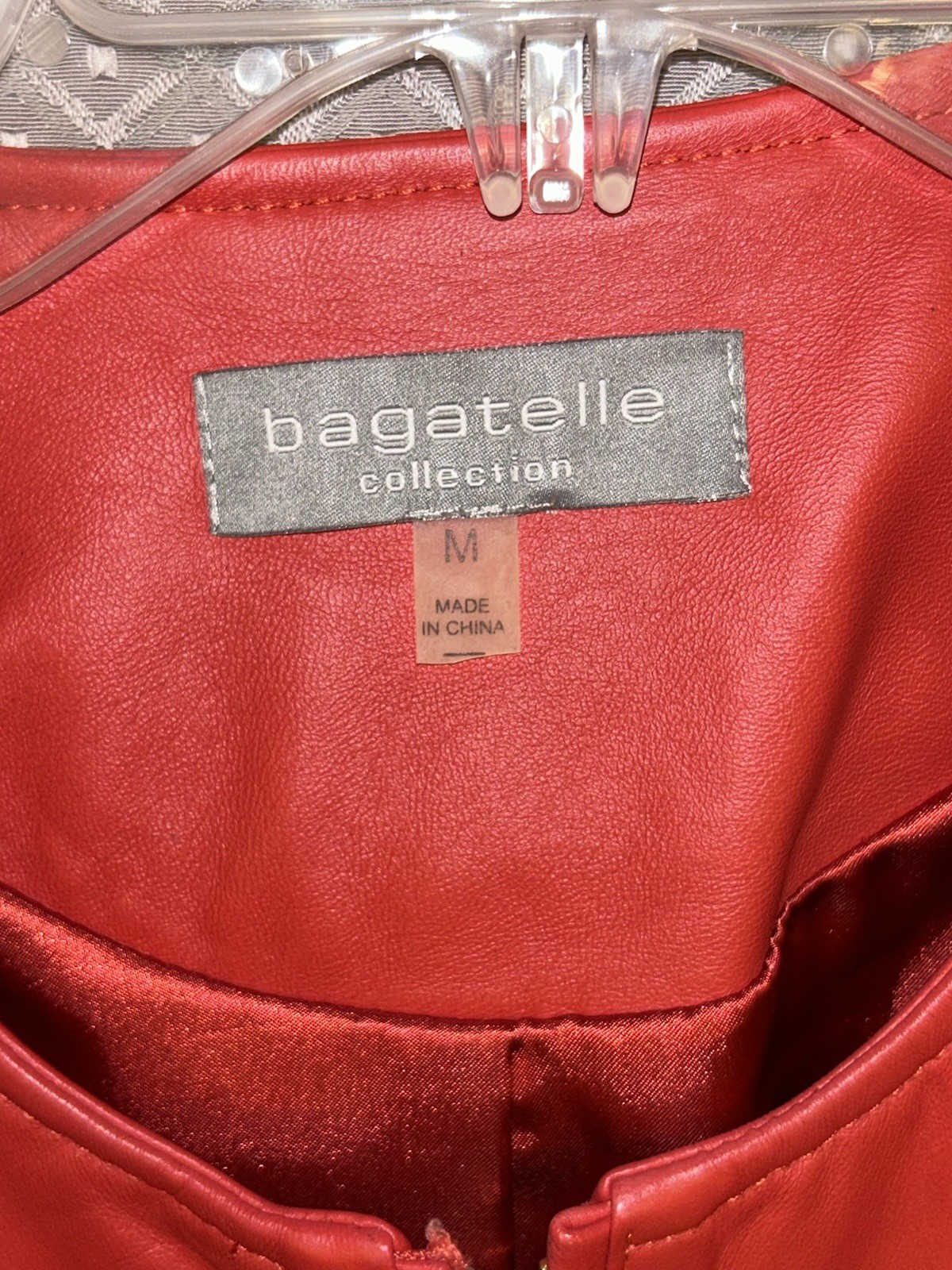 Bagatelle Collection Red Genuine Leather Jacket Womens M Collarless Gold Zip EUC