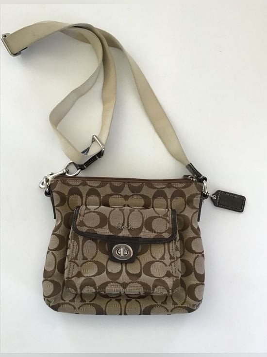 Coach Signature Swingpack Crossbody Khaki Brown Monogram Canvas Turnlock Pocket