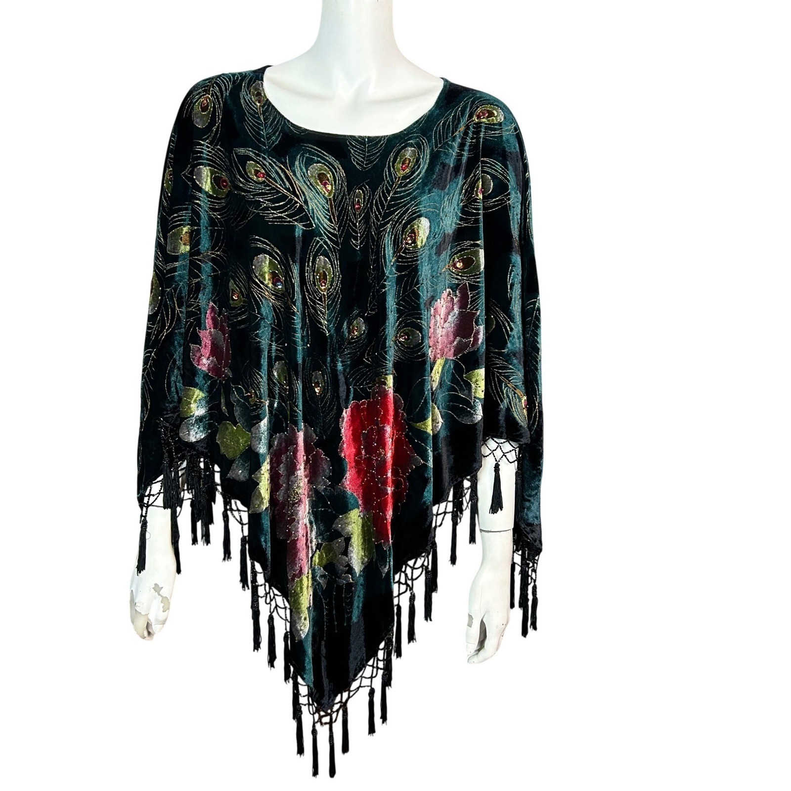 Velvet Poncho Wrap Shawl Peacock Floral Beaded Tassel Coldwater Creek O/S NWT