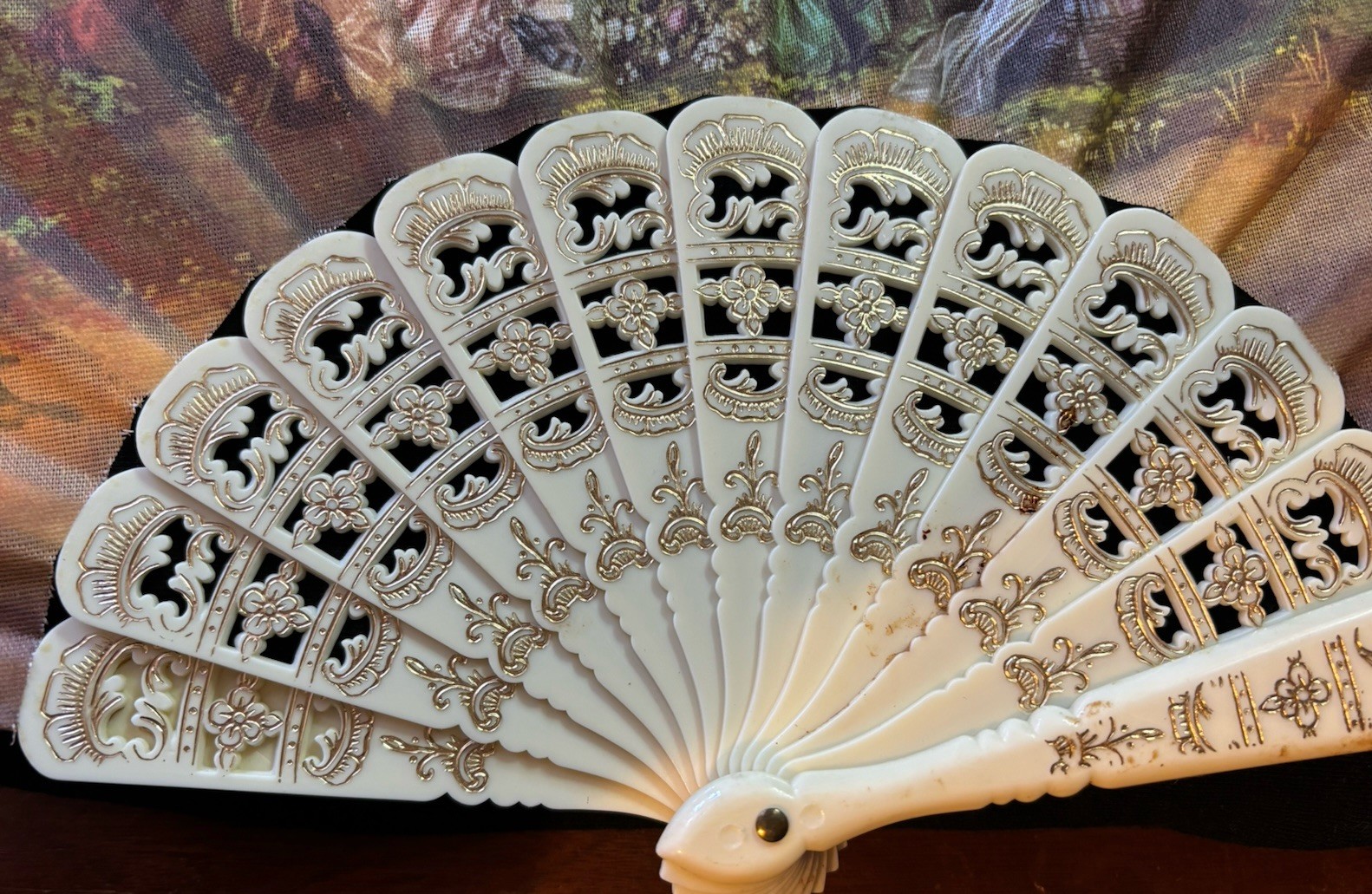 Victorian Multi-Color Hand Fan Ivory Fabric Plastic Formal Occasion