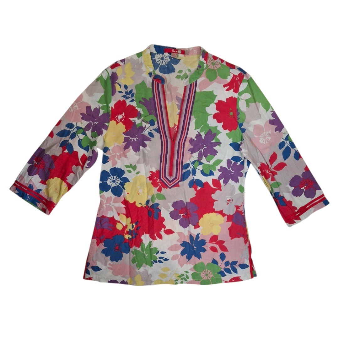 Boden Women Floral Print Tunic Top Multi-Color Split V-Neck 3/4 Sleeve US 6