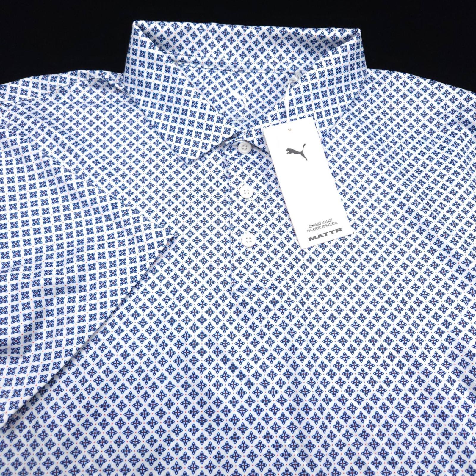 Puma Polo Shirt Golf -M- White Blue Diamond Dot Stretch Mattr PERFORMANCE Poly