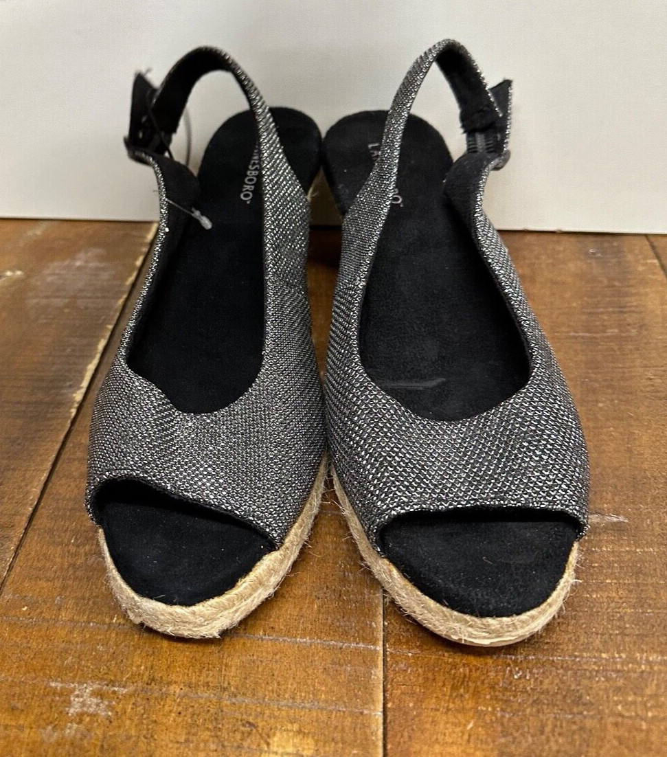 Lanesboro women size 7.5 shiny black fabric man made material wedged rope sandal