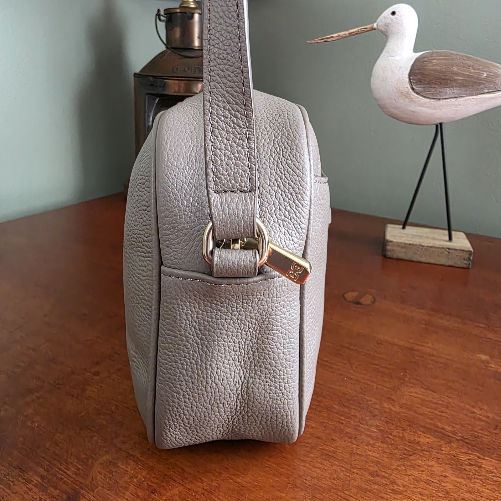 Sam Edelman Loraine Horsebit Taupe Pebbled Leather Camera Crossbody Bag