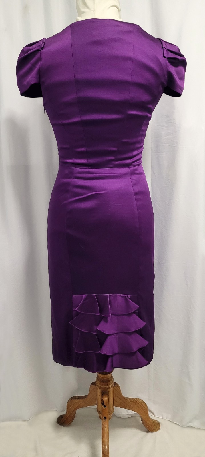 CUE Purple Satin Midi Pencil Bustle Dress Cup Sleeve Size 8