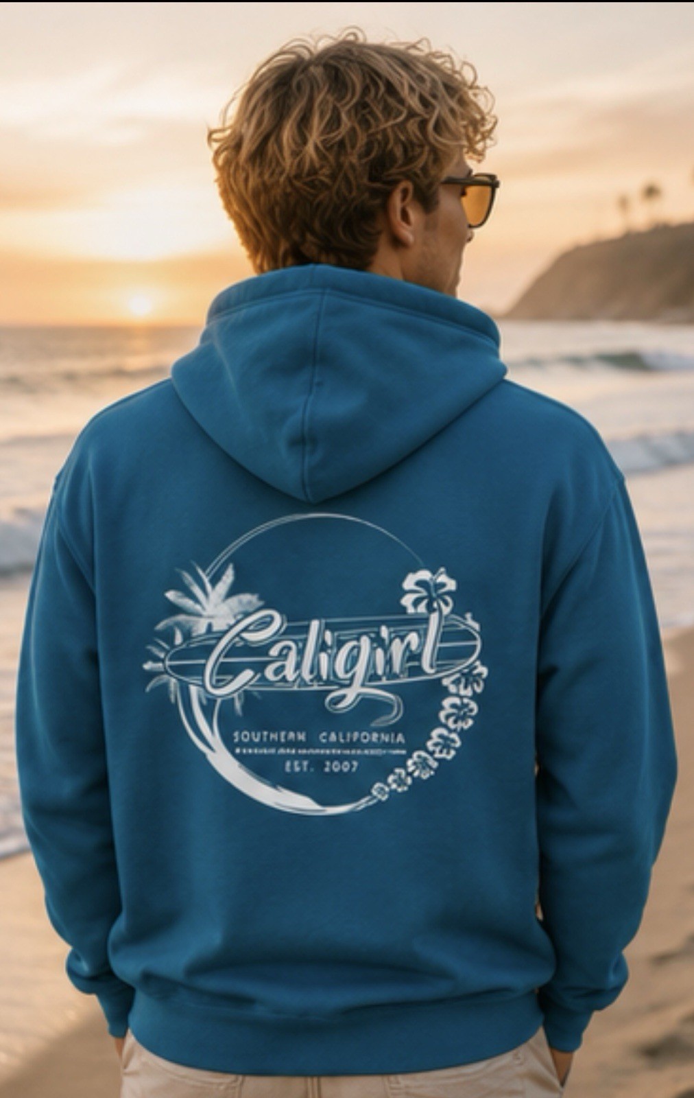 California Beach Surf Hoodie Blue Unisex Caligirl Coastal Pullover, size medium