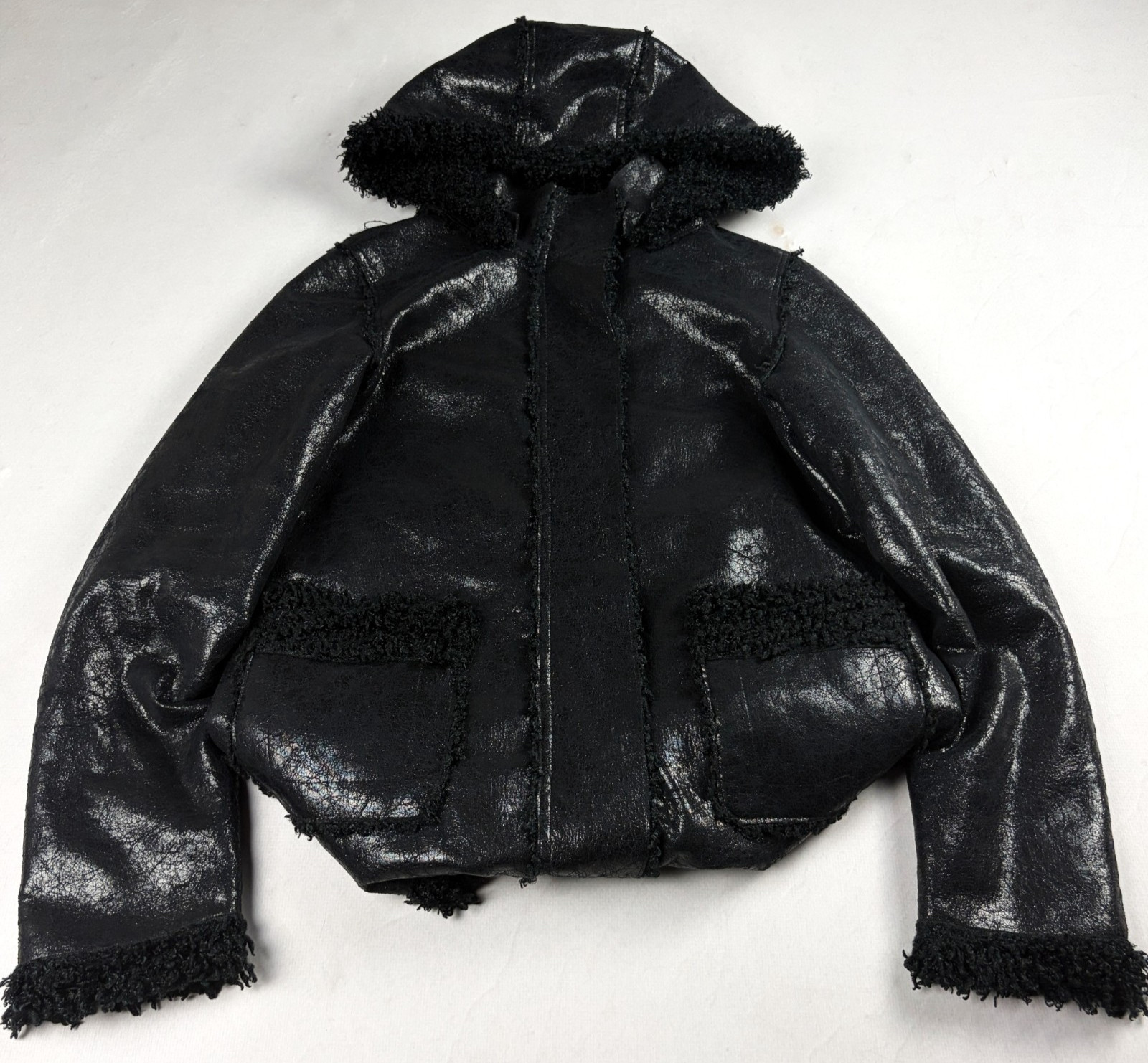 Womens Vintage Y2K Black Faux Shearling Jacket Hooded Fur Trim Aviator Winter
