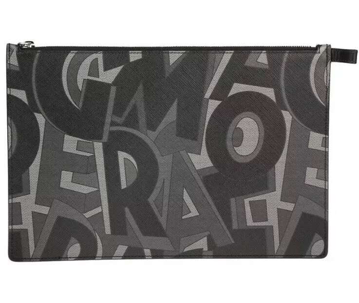 Ferragamo Zoomed Graphic Letter Print Zip Case Calf Leather Sleeve *Retail W/box