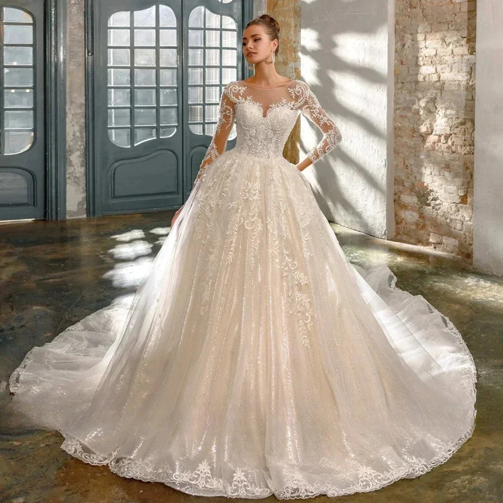 Long Sleeve Ballgown Wedding Dresses Sparkly Tulle Cathedral Train Bridal Gown