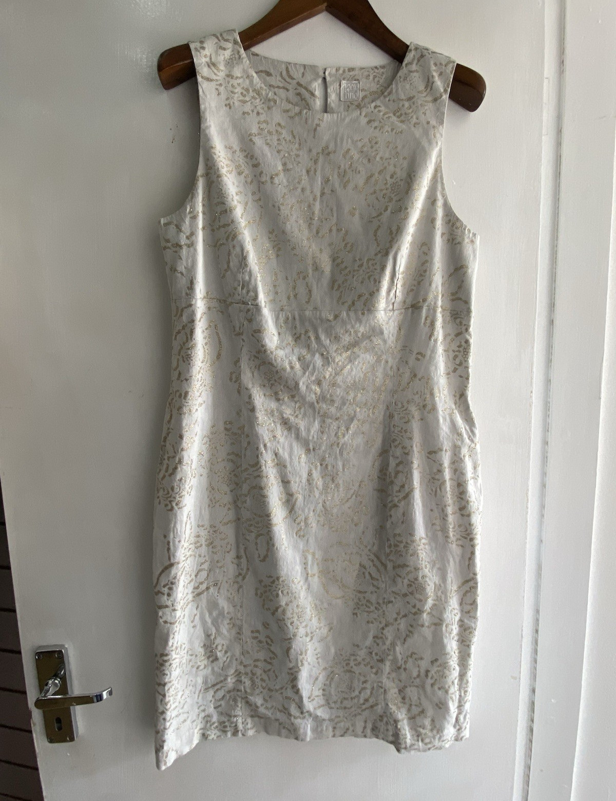 120% Lino Ivory Gold Floral Glitter Shift Knee Dress Zip Linen Blend 46