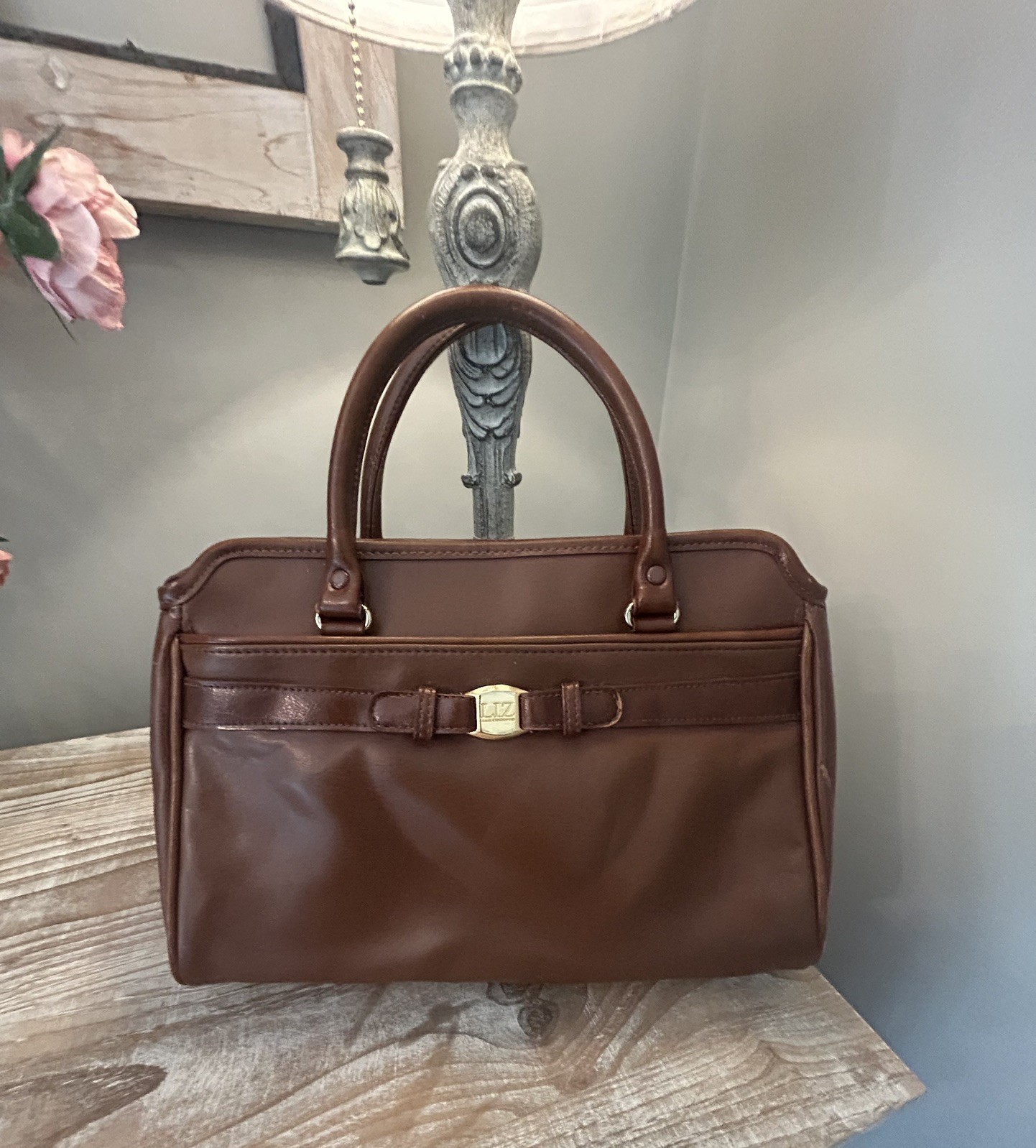 VTG Liz Claiborne Brown Satchel Dual Handles Belt Decor Gold “Liz” Logo Plaque