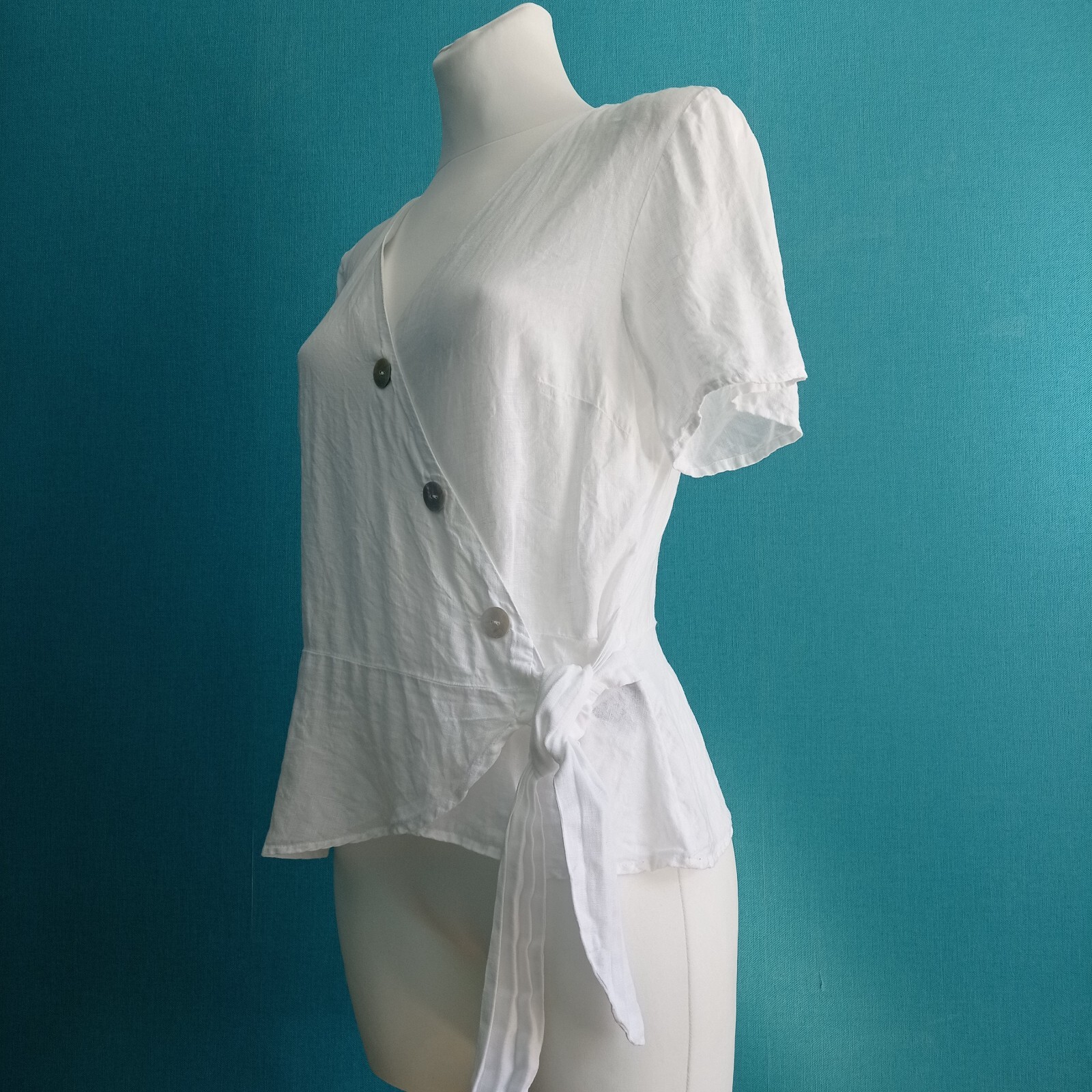 H&M Women’s White 100% Linen Wrap Blouse | Short Sleeve Size US 8