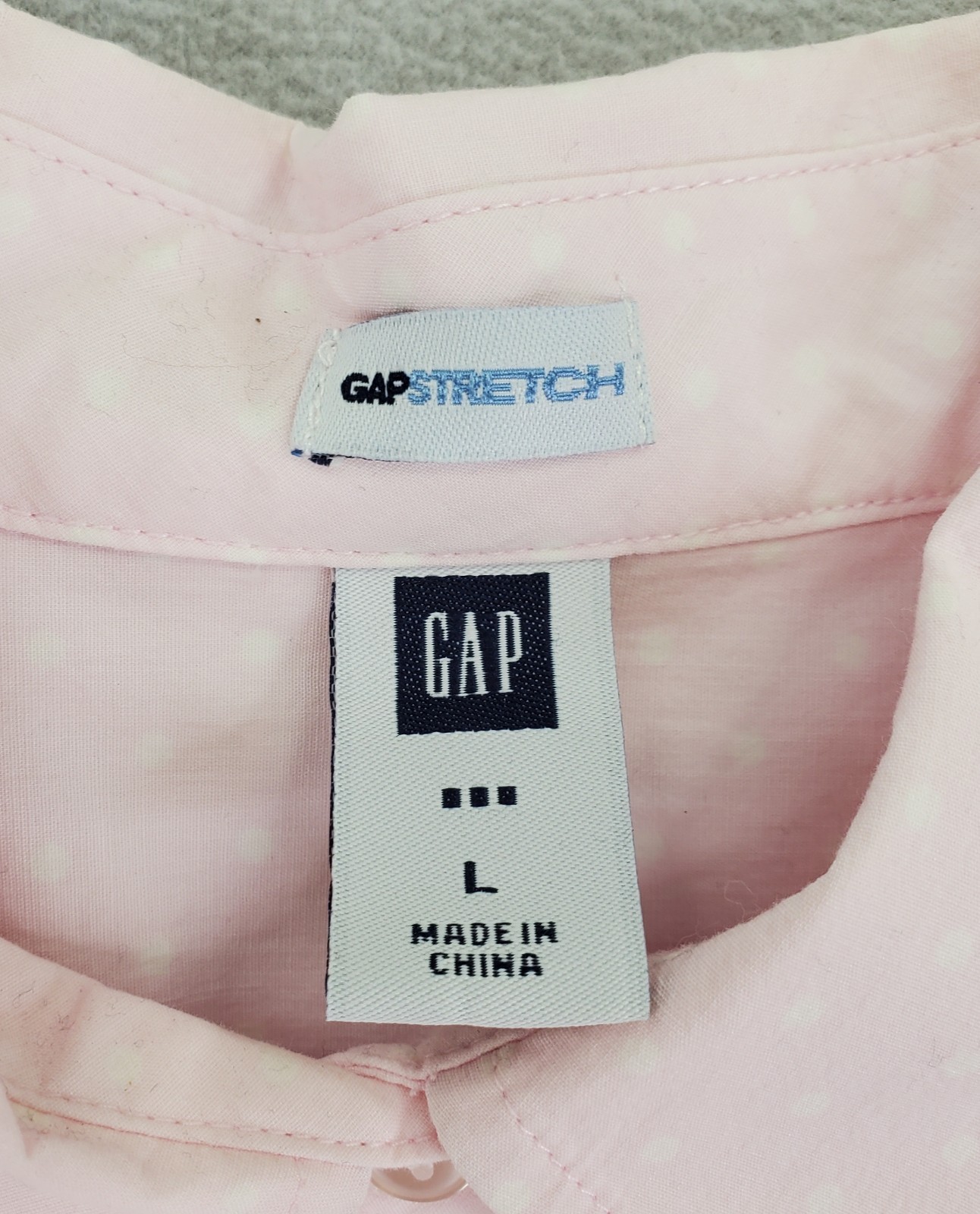 GAP Stretch Button Shirt Women L Soft Pink White Polka Dot Cotton Spandex Fitted
