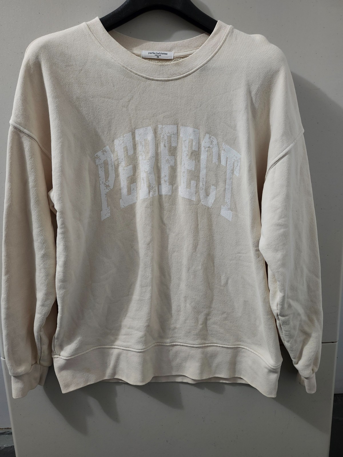 Perfect White Tee Sweatshirt Womens XS Ivory Oversize Pullover Perfect Spellout