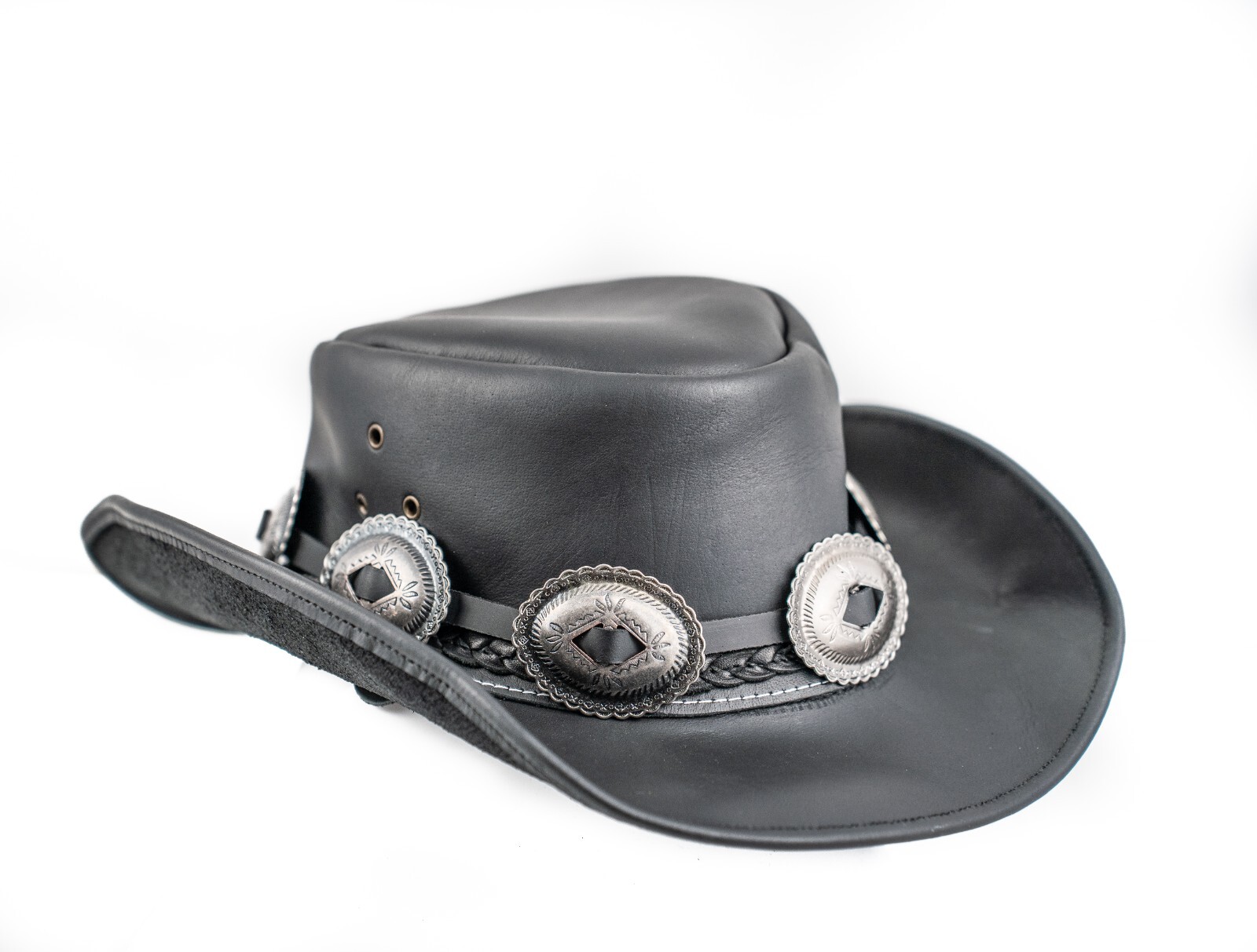 Hat Band Oval Silver Steel Western Concho Leather Band Hat Is Not Included