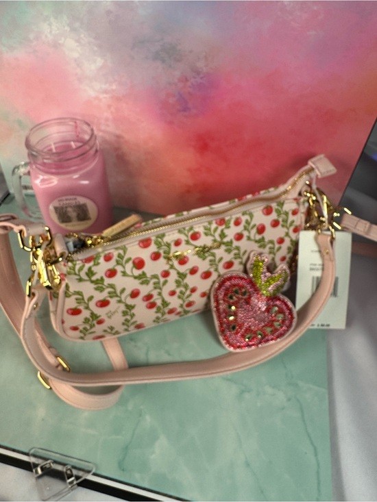 Betsy Johnson Cherry Print Shoulder Bag Heart Charm Pink Purse NWT