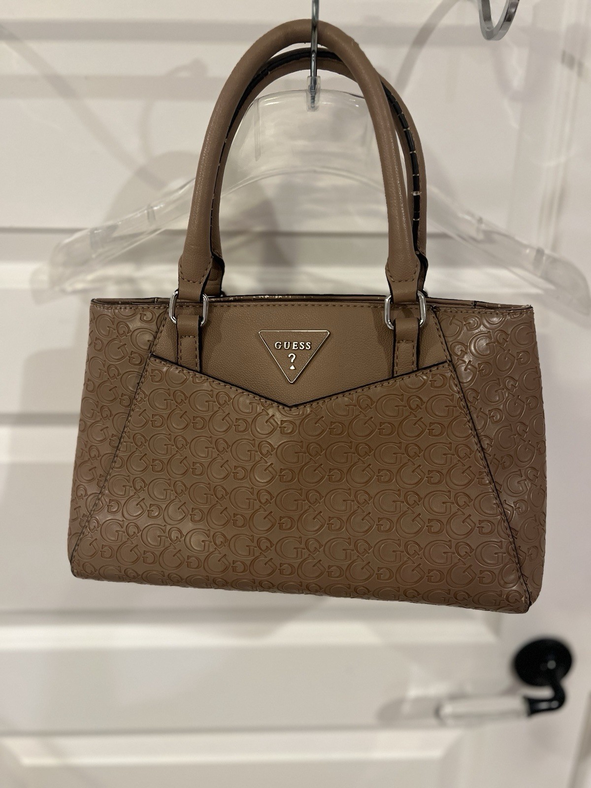 GUESS Brown Logo Satchel Top Handle Bag Double Handles Zip Closure Silver HW