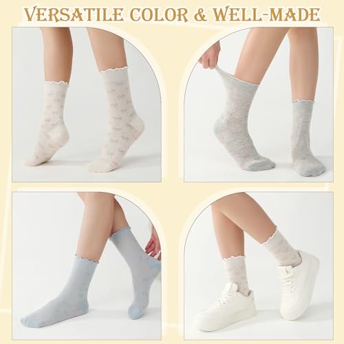 6 Pairs Women’s Ruffle Socks Casual Cotton Black White Beige Pink Gray Blue