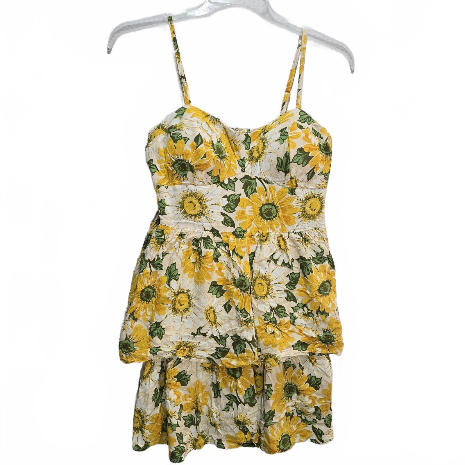 A.U.W. Sunflower Tiered Mini Dress Large Yellow Boho Cottagecore Sun Dress L
